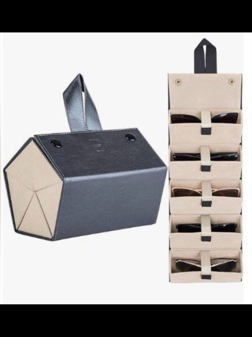 Foldable Sunglass Organizer Case - Black with Gray / beige Color Interior